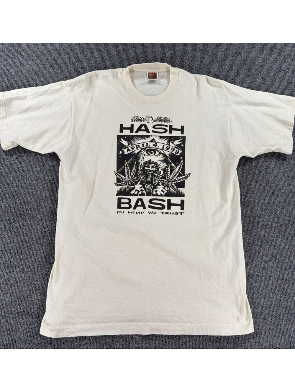 Vintage 1998 Ann Arbor Hash Bash Tee Cream Pharaoh Illuminati Single Stitch L